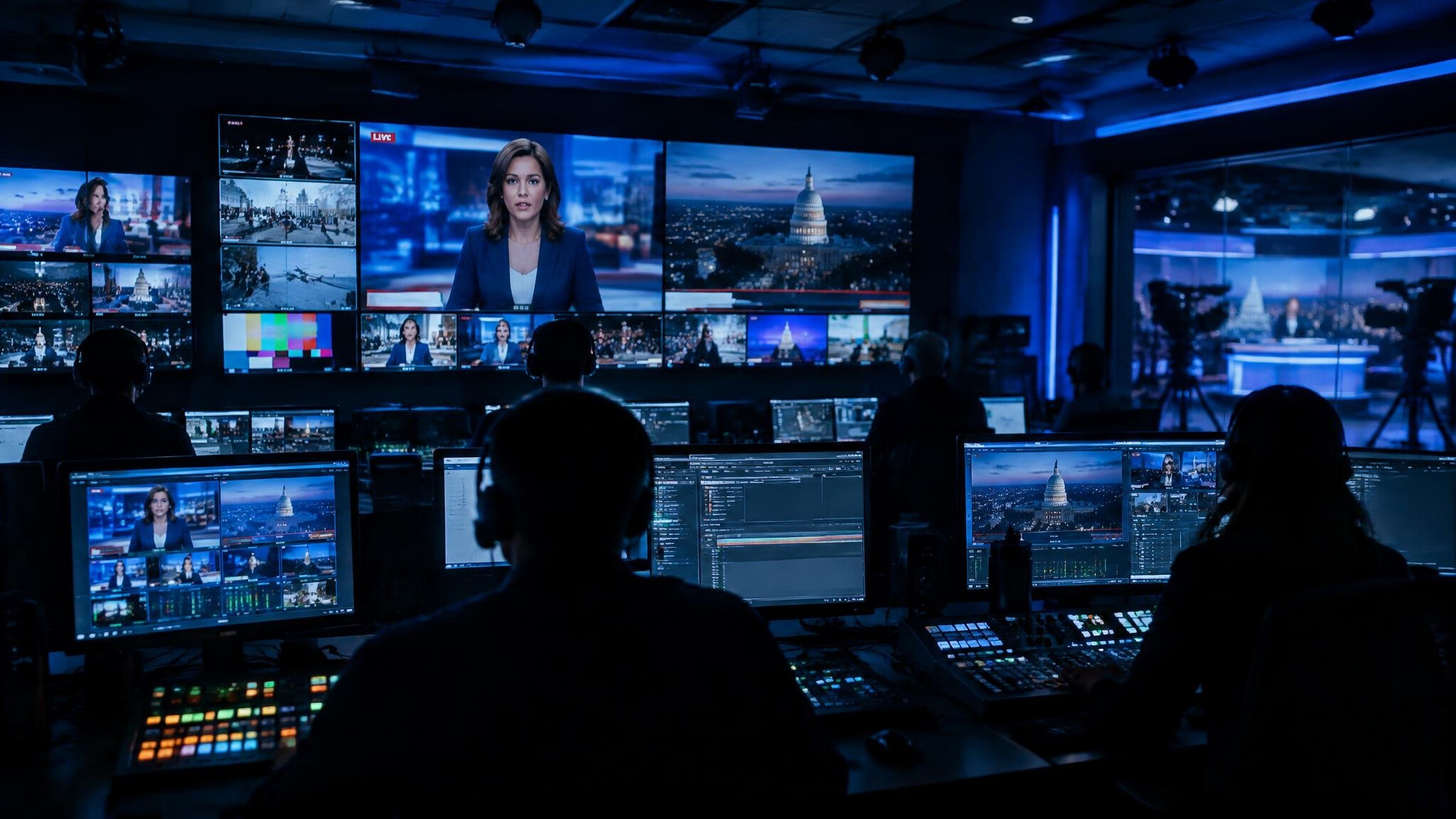 Television studio control room with multiple broadcast screens during a live news program