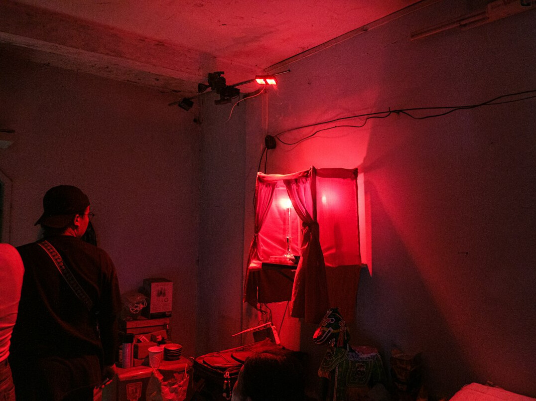Television camera and studio lighting equipment set up for a live broadcast