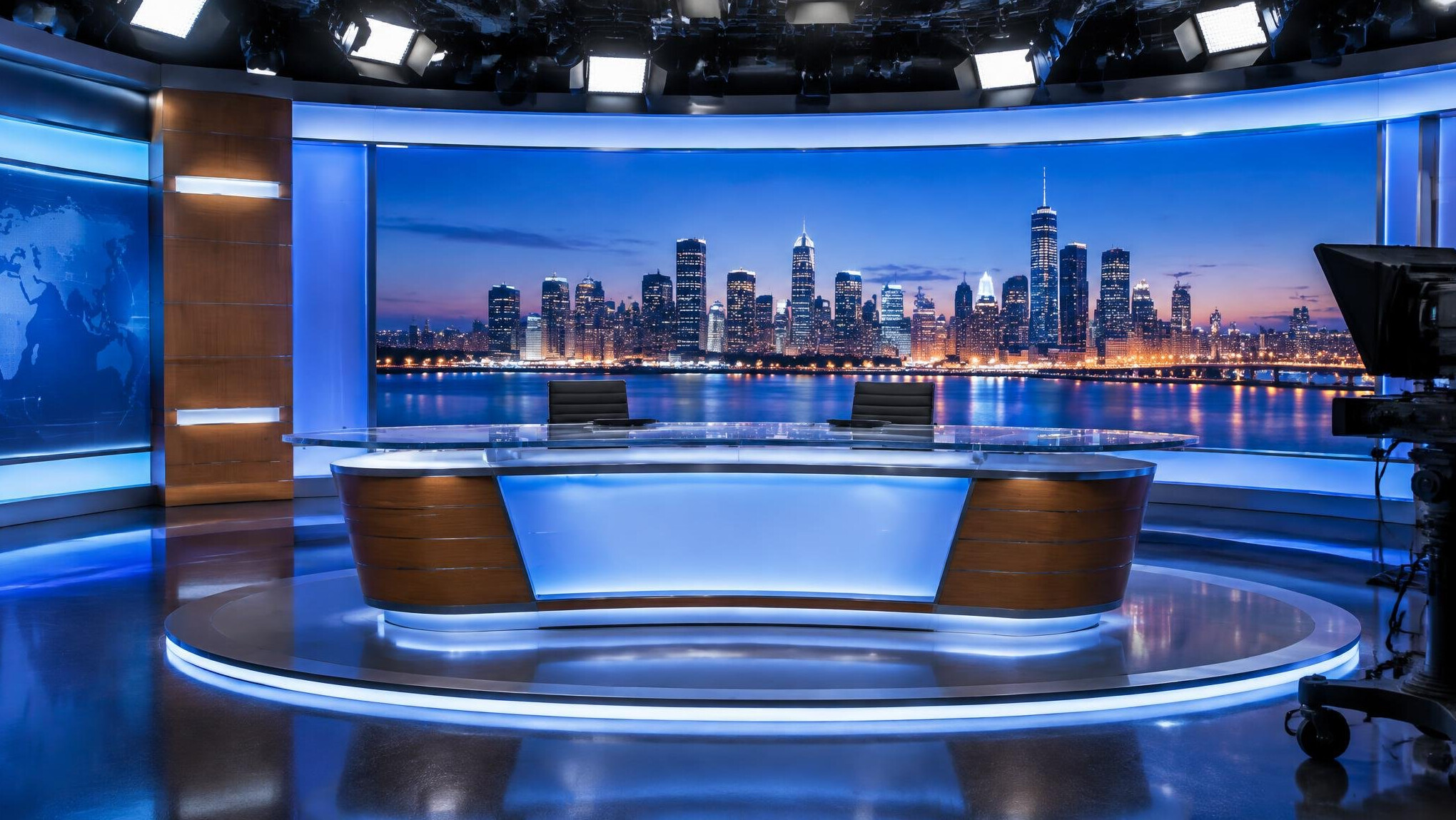 Empty television news studio desk with city skyline backdrop before a live broadcast