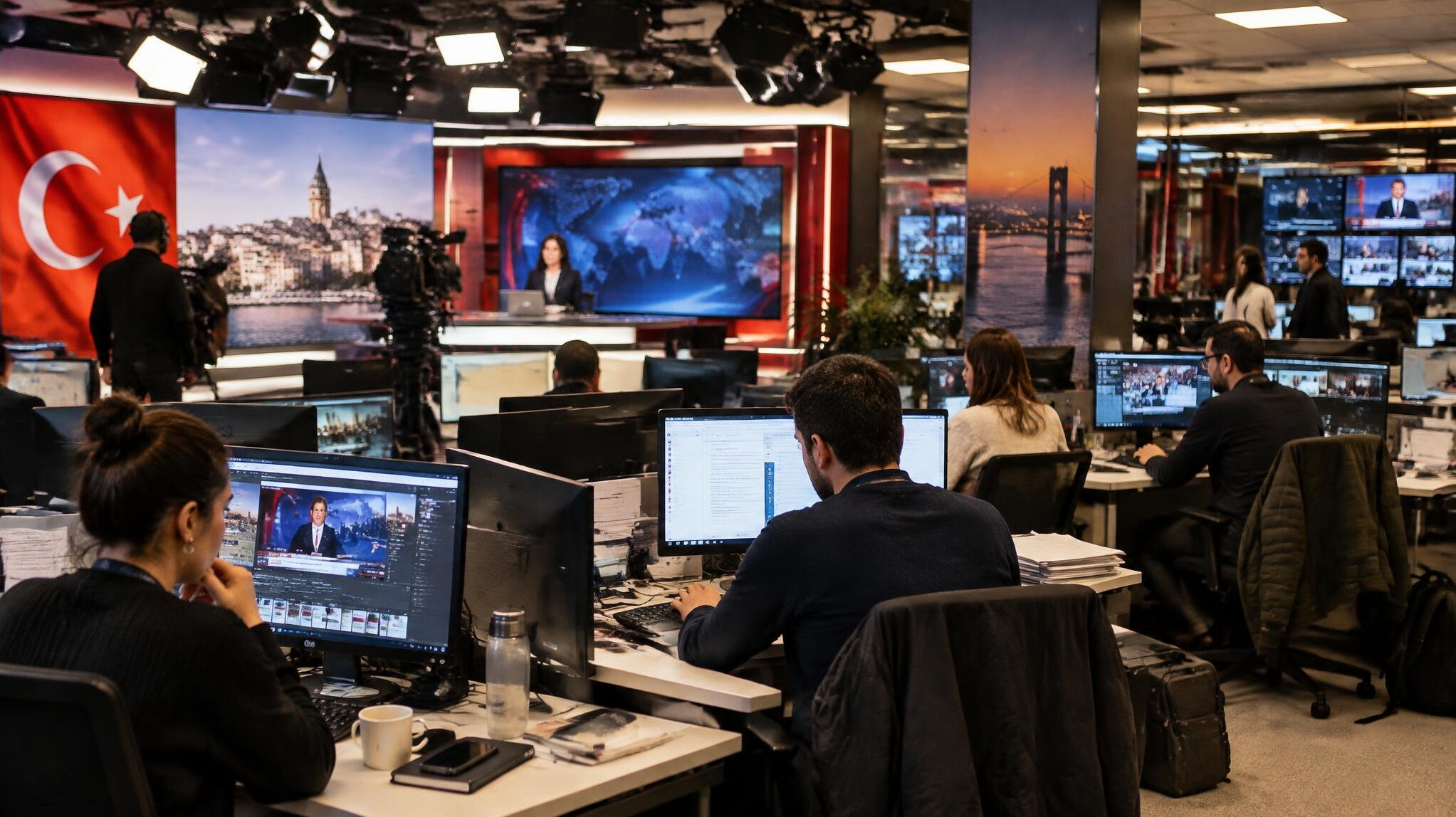 Busy television newsroom with journalists working at desks under studio lighting